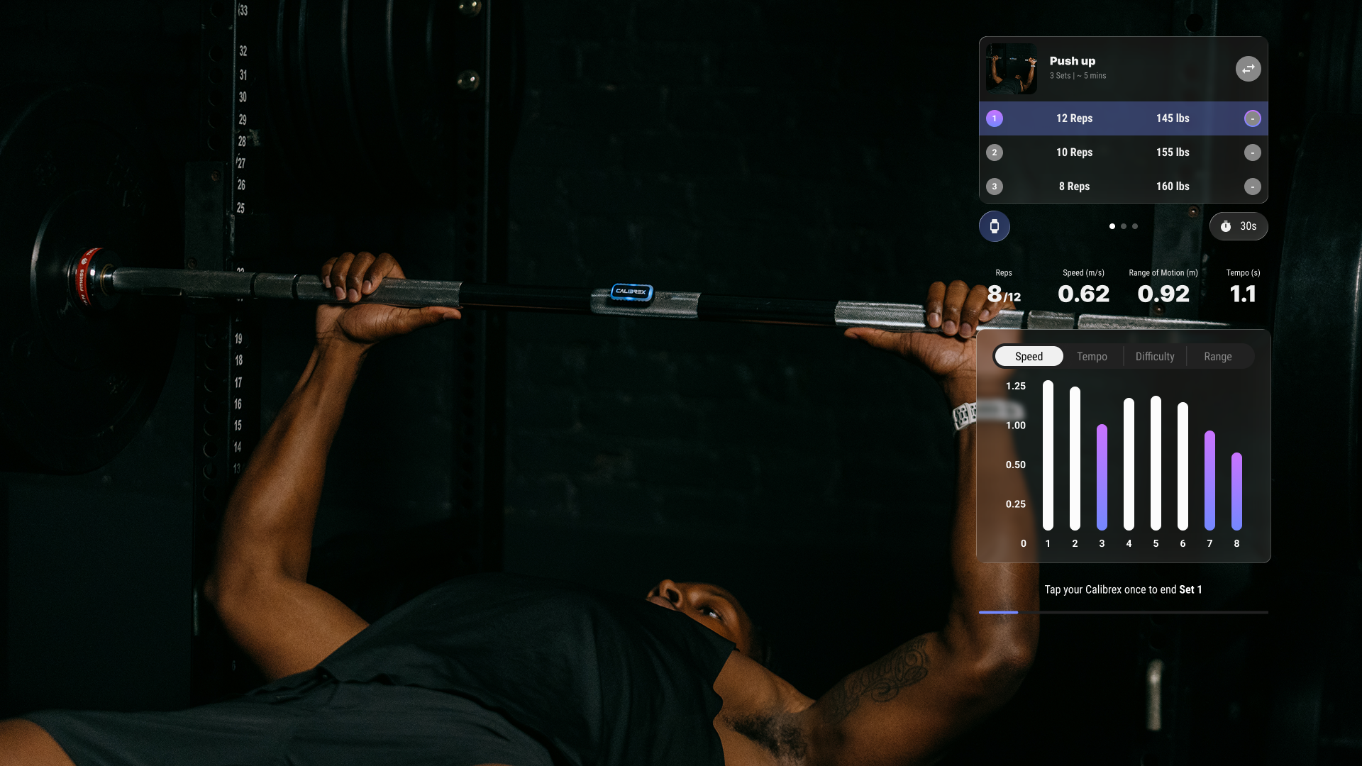 Calibrex Velocity Based Training and Strength Wearable tracking reps in real-time and giving AI coaching feedback.